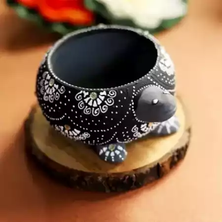 Handicraft Washable Terracotta Modern Turtle Diya Tealight T-Light Holder - Grey